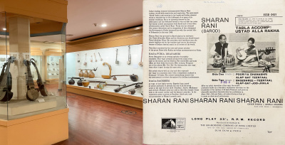 Inside the Sharan Rani gallery at the National Museum, Delhi, next to the record sleeve of «Sarod Solo» with the listed names of the contributors to the album (credit: Nishant Mittal).