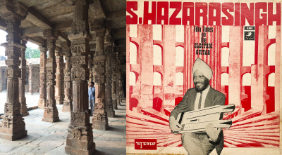 The author inside the Qutub Minar complex. Alongside is the front of S. Hazara Singh’s record sleeve (credit: Nishant Mittal).